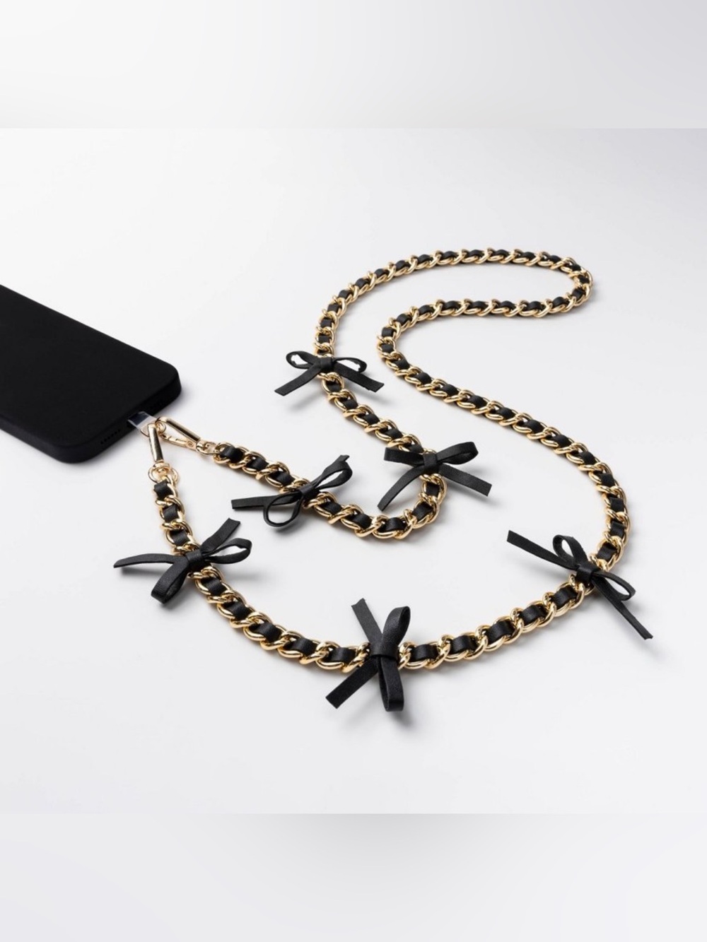Hello Lux Phone Crossbody Strap - Golden Chain with Black Faux Leather Bows